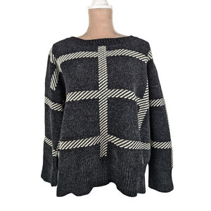 Vici Plaid Tartan Chenille Sweater Women Medium Oversize Black White Boxy